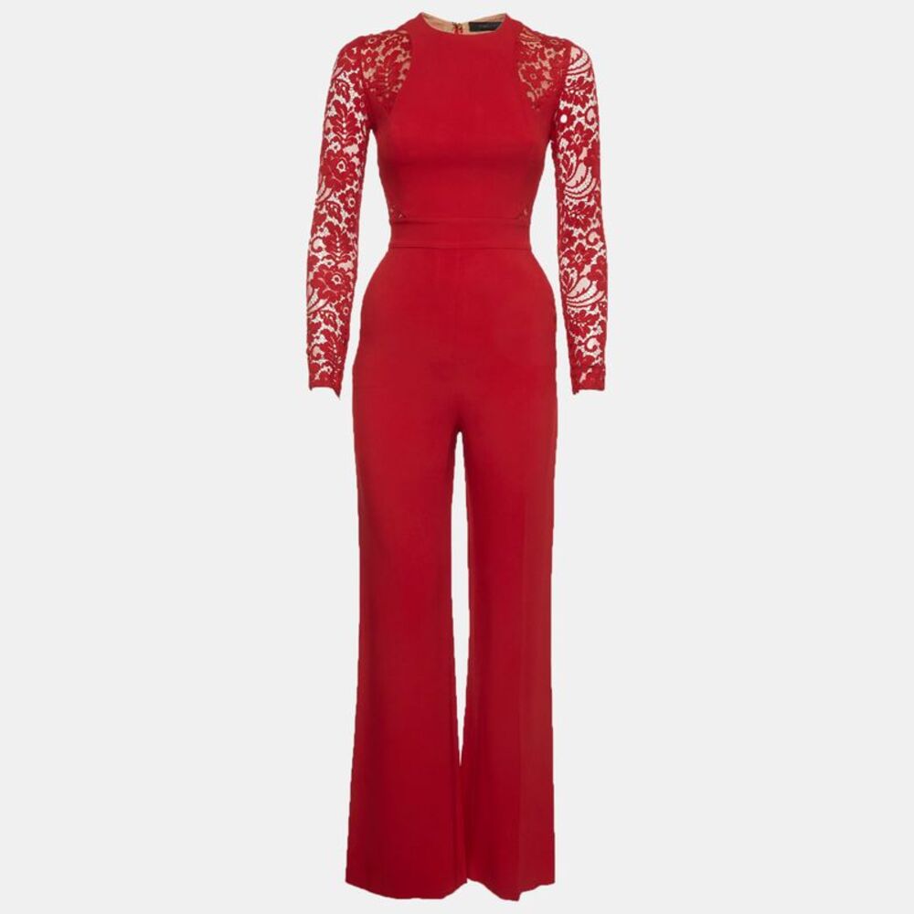 Elie Saab Red Stretch Knit And Lace Long Sleeve Jumpsuit S